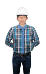 Engineering construction hand cross back and wear white safety helmet plastic isolated on white background