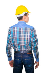 Engineering construction back turned and wear yellow safety helmet plastic isolated on white background