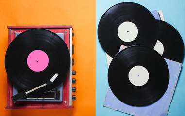 Retro style vinyl record player and vinyl records with covers on a colored paper background. Pop culture, Top view. .