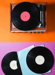 Retro style viny player and vinyl records with covers on a colored paper background. Pop culture,...