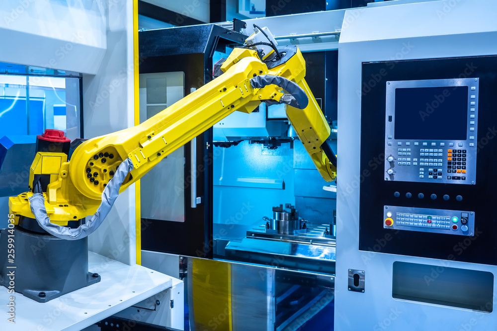 Poster robot hand. industrial manipulator. the robot performs turning work. robotics at work. automation of