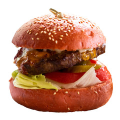 meat burger with onion tomato lettuce and salted cucumber close-up isolate
