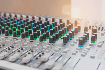 Audio sound mixer control panel.  Sound console buttons for adjust the volume