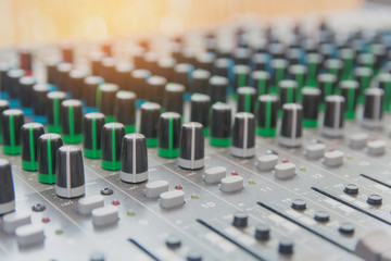Obraz na płótnie Canvas Audio sound mixer control panel. Sound console buttons for adjust the volume