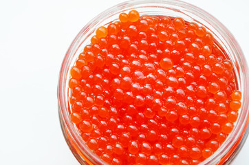 Close-up red caviar in a jar ,photo