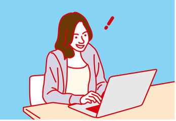 ノートパソコンで仕事をする女性   ひらめき