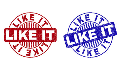 Grunge LIKE IT round stamp seals isolated on a white background. Round seals with grunge texture in red and blue colors. Vector rubber overlay of LIKE IT caption inside circle form with stripes.