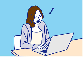 ノートパソコンで仕事をする女性   ひらめき