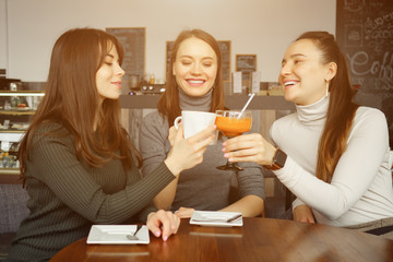 Three girlfriends are meeting in cafe. Drinking beverages and talking each other. Front view.