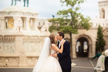 Naklejka premium Young beautiful stylish pair of newlyweds walking by the Fisherman's Bastion in Budapest, Hungary