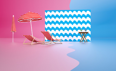 3d render pink and blue image Holidays background Summer beach accessories Travel inspiration illustration Sunbath lounge vacation design composition