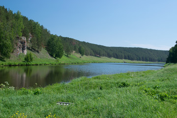 Still river with green forest on coast and clear sky
