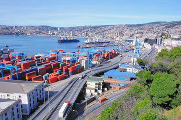 Container terminal in the city port. Valparaiso, Chile.