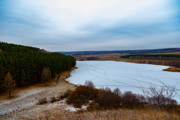 ice on the lake in autumn. the view from the top