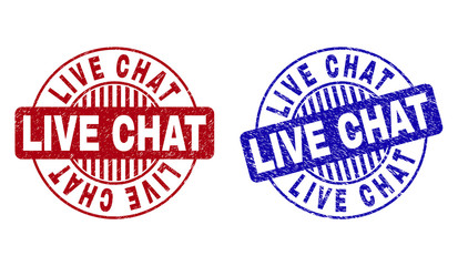 Grunge LIVE CHAT round stamp seals isolated on a white background. Round seals with grunge texture in red and blue colors. Vector rubber overlay of LIVE CHAT caption inside circle form with stripes.
