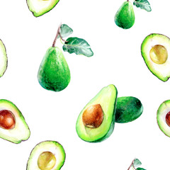 Watercolor hand drawn avocado isolated seamless pattern.
