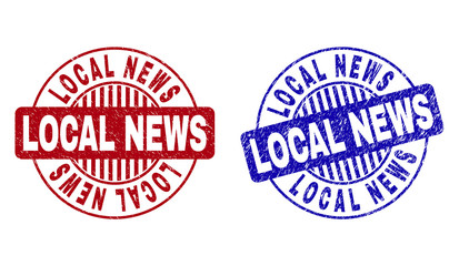 Grunge LOCAL NEWS round stamp seals isolated on a white background. Round seals with grunge texture in red and blue colors. Vector rubber watermark of LOCAL NEWS tag inside circle form with stripes.