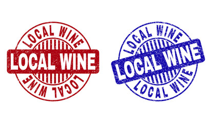 Grunge LOCAL WINE round stamp seals isolated on a white background. Round seals with grunge texture in red and blue colors. Vector rubber overlay of LOCAL WINE tag inside circle form with stripes.