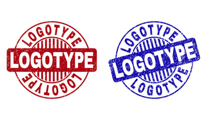 Grunge LOGOTYPE round stamp seals isolated on a white background. Round seals with grunge texture in red and blue colors. Vector rubber imitation of LOGOTYPE text inside circle form with stripes.