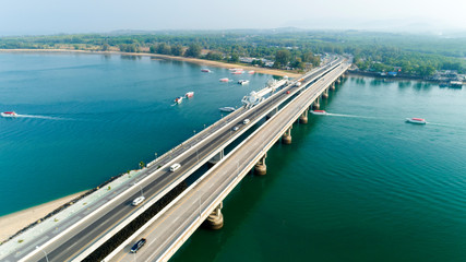 Fototapeta na wymiar Aerial View Drone shot of sarasin bridge Phuket thailand image transportation background