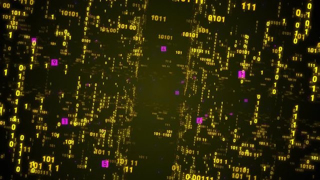 Digital fly binary code background loop. Data binary code network. 4K loop animation. Yellow version