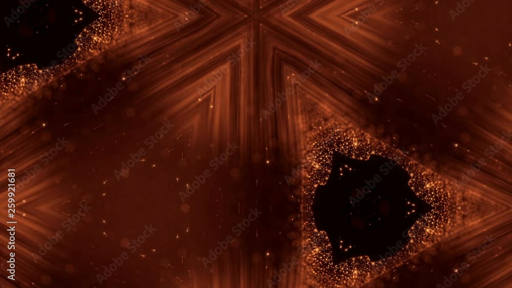 Poster looped 3d composition of sparkling golden particles on a dark background with depth of field and bok