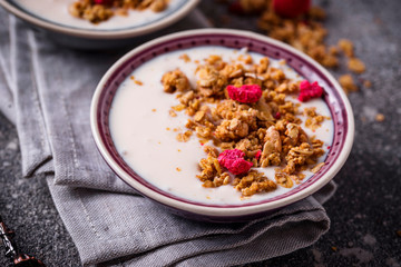 Granola with yogurt and dried raspberries