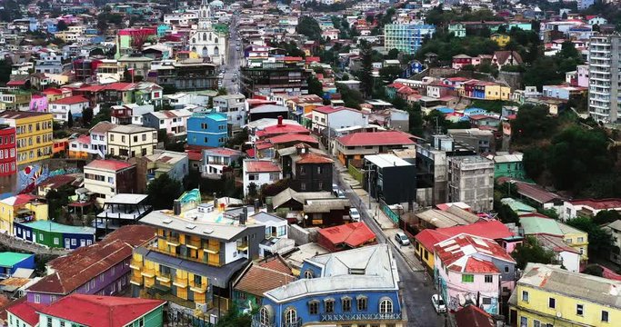 Aerial drone Timelapse of colorful houses on the hills in Valparaiso, Chile