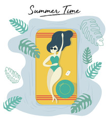 woman wear sun glasses tanning on pool in summer time vector funky stlye