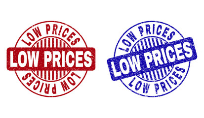 Grunge LOW PRICES round stamp seals isolated on a white background. Round seals with grunge texture in red and blue colors. Vector rubber imprint of LOW PRICES tag inside circle form with stripes.