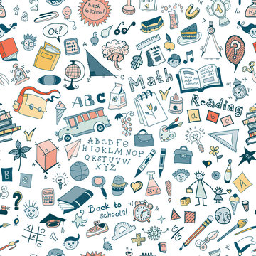 School kids seamless pattern with education elements