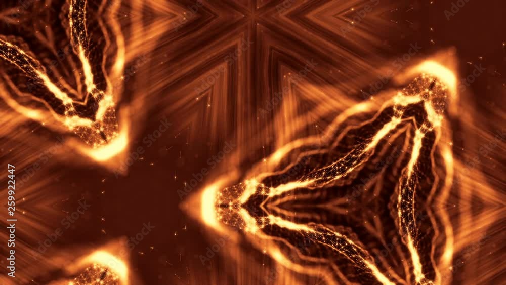 Poster looped 3d composition of sparkling golden particles on a dark background with depth of field and bok