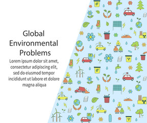 Global environmental problems concept. Colorful banner with hand drawn symbols of the ecology pollution concept. Modern banner for web design