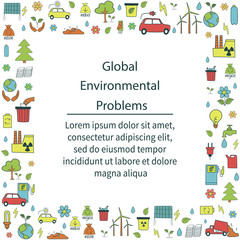 Fototapeta premium Global environmental problems concept. Colorful frame with hand drawn symbols of the ecology pollution concept. Modern frame for web design and print