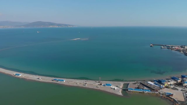Footage of city with park, port, beach, mountains. ariel view of sujuk spit, Novorossiysk