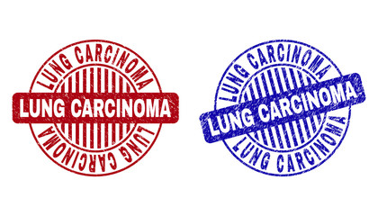 Grunge LUNG CARCINOMA round stamp seals isolated on a white background. Round seals with grunge texture in red and blue colors.