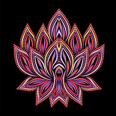 Fire lotus - a symbol of life and beauty. Bright colorful dot pattern. Vector object isolated on black background.