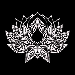 Fototapeta premium Lotus design. Black and white floral dot pattern. Vector print with decorative elements for embroidery, for women's clothing.