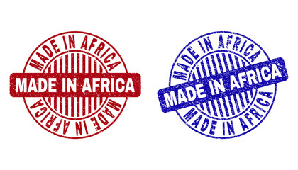 Grunge MADE IN AFRICA round stamp seals isolated on a white background. Round seals with grunge texture in red and blue colors.