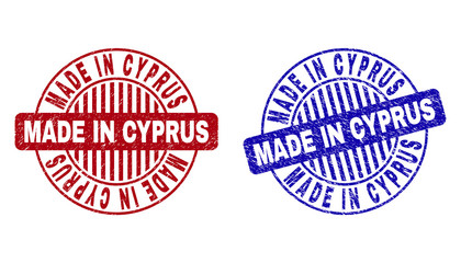 Grunge MADE IN CYPRUS round stamp seals isolated on a white background. Round seals with grunge texture in red and blue colors. - obrazy, fototapety, plakaty
