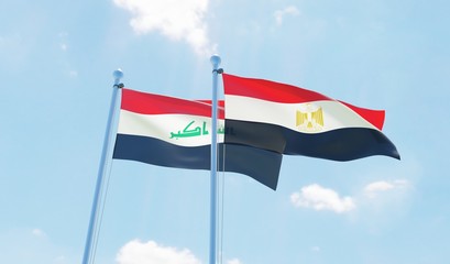 Egypt and Iraq, two flags waving against blue sky. 3d image