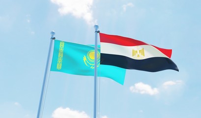 Egypt and Kazakhstan, two flags waving against blue sky. 3d image