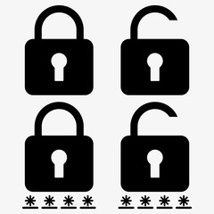 Padlock icon for cyber security. Secure password padlock or lock, icon, vector. Opened and closed pad lock with password stars, sign.