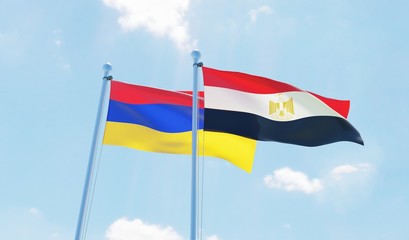 Egypt and Armenia, two flags waving against blue sky. 3d image