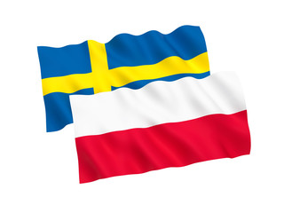 National fabric flags of Poland and Sweden isolated on white background. 3d rendering illustration. 1 to 2 proportion.