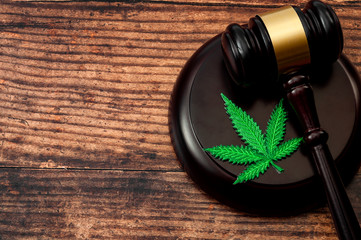 Legal weed, decriminalized pot or felony conviction for possession of a schedule one drug concept theme with a marijuana leaf and a wooden gavel isolated on wood background with copy space - obrazy, fototapety, plakaty