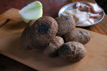 Potato, natural, food, lard, onion, board, butter,