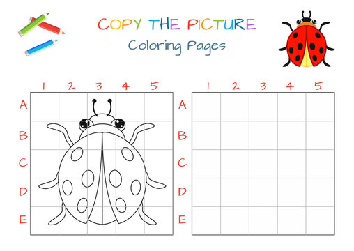Funny little beetle ladybug. Copy the picture. Coloring book. Educational game for children. Cartoon vector illustration