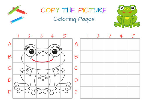 Funny little frog. Copy the picture. Coloring book. Educational game for children. Cartoon vector illustration