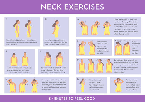 Vector colorful illustration set with neck exercises by girl. Creative concept. Violet and yellow colors
